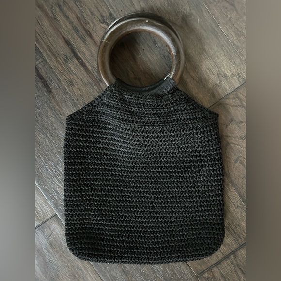 VINTAGE Handbags - Vintage Black Crochet Slouchy Bag with Wooden Handles | Boho Festival Style
